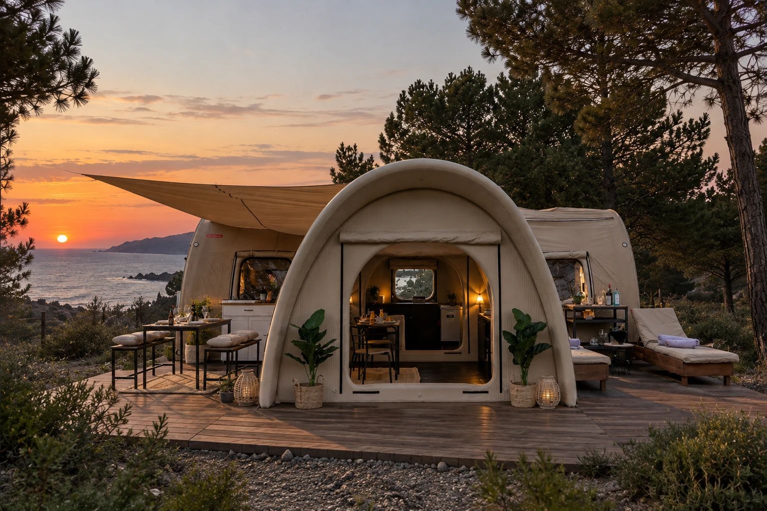 MYPÜKA® DOME with a wooden deck overlooking the sea at sunset